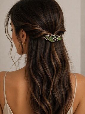 Vintage Gold Leaf Hair Barrette with Pearl Accents